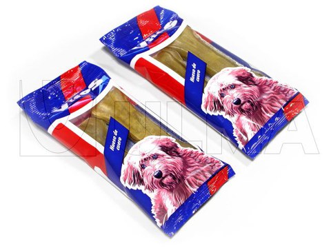 Conditionnement d'os à mâcher pour chien sur une enveloppeuse flow pack (HFFS)