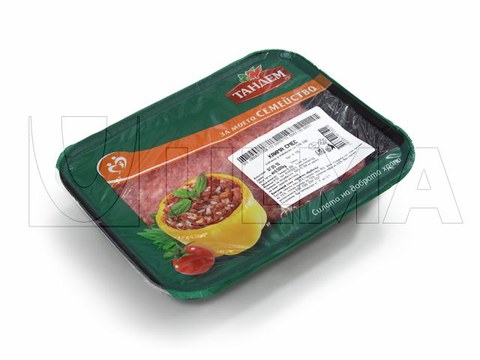 Emballage operculé de viande hachée sous atmosphère modifiée (MAP).
