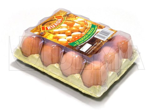 Conditionnement de boîtes à œufs sur une enveloppeuse flow pack.