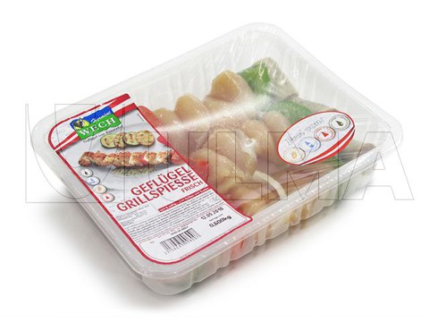 Conditionnement de brochettes de poulet en barquette operculée sous atmosphère modifiée (MAP)