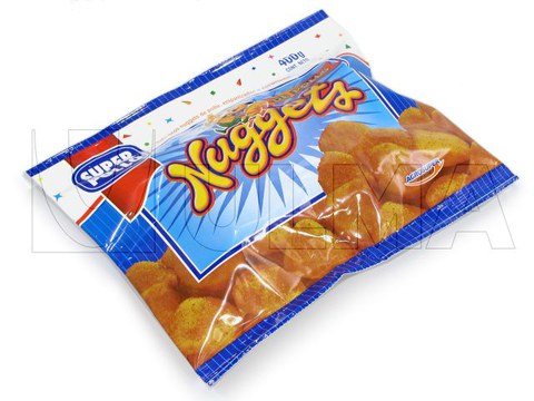 Conditionnement de nuggets surgelés en sachet sur une ensacheuse vertical avec film laminé.